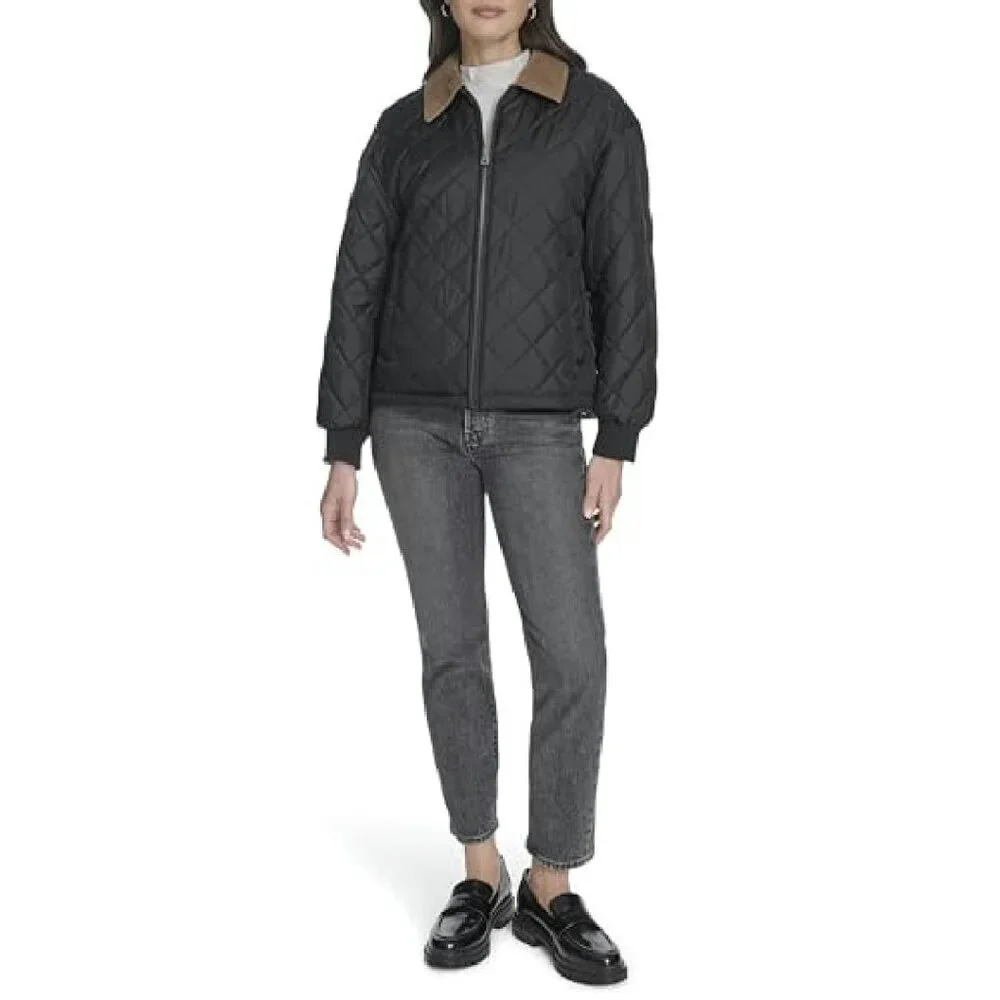 Quilted Diamond Jacket Corduroy Collar Rib Cuffs Zip Front